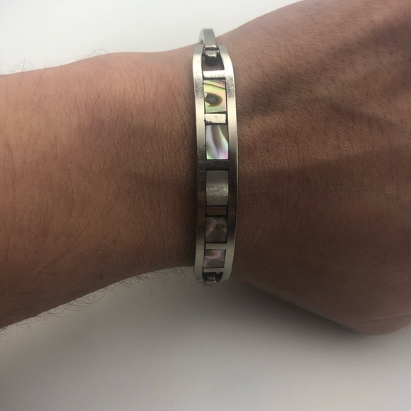 VTG Sterling Silver & Abalone Inlay Pinch Bracelet 6.6” / 2.1” Diameter - Picture 5 of 10